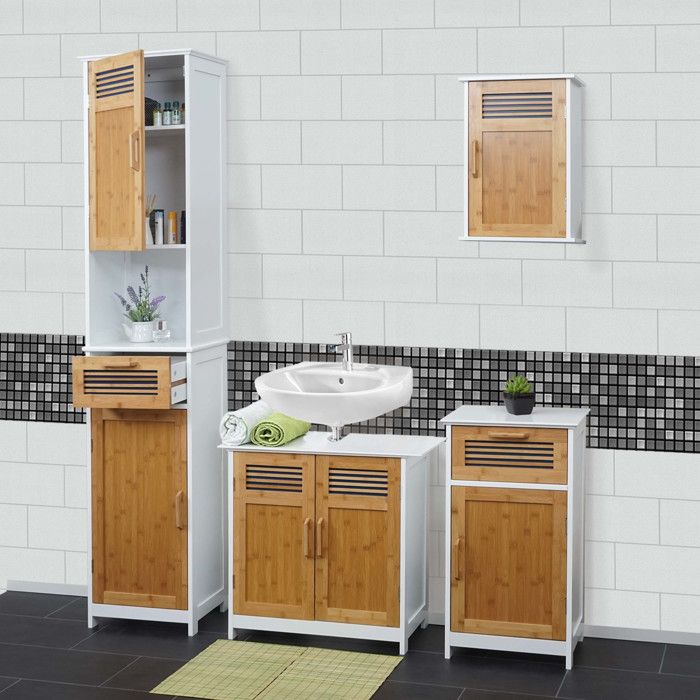 Meubles de salle de bain HWC-A85 armoire haute meuble sous évier armoire suspendue commode bambou blanc