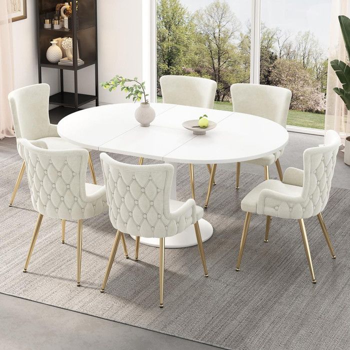 Lot de 6 chaises de salle à manger en velours fauteuil de salon de luxe avec quatre pieds en métal doré beige