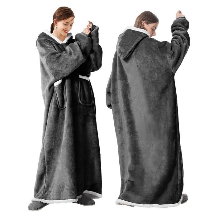 Plaid À Capuche Oversize Unisexe Flanelle Ultra Douce Manches Et Grande Poche Sweat Pull Géant Hiver Profond Gris Longueur 150 cm