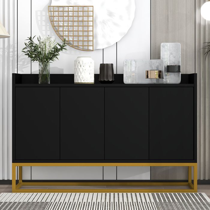 Buffet Noir Moderne 4 Portes avec Base Métallique Dorée et Étagères Réglables Meuble de Rangement