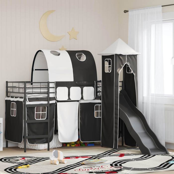 Lit mezzanine enfant - vidaXL - Noir - Métal - 105x194x116 cm - Toboggan intégré - Tour de jeu - Rideaux dintimité
