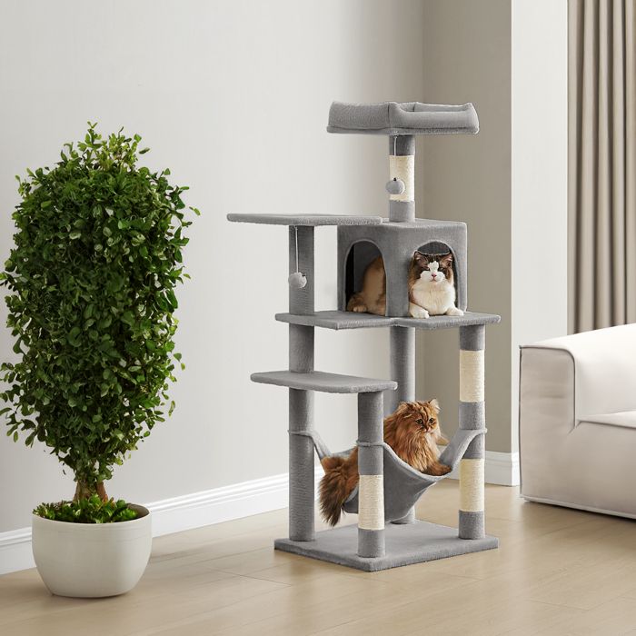 Meilleurs prix pour Tour de Jeux pour Chats 143 cm 4 Poteaux à Griffer 2 Pompons 1 Hamac 2 Plateformes 1 Niche Gris Clair