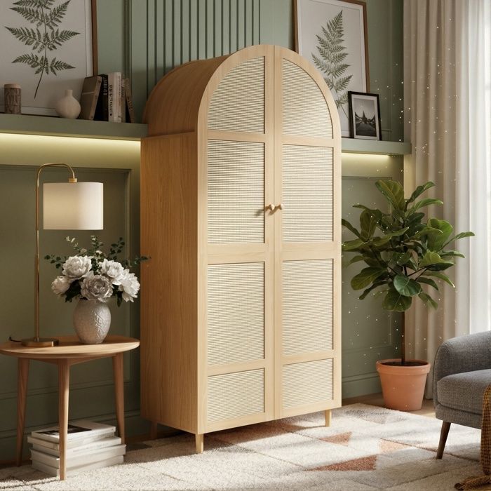 Armoire Penderie - 80 x50x179cm - Portes Incurvées en Rotin - 2 Tiroirs - Style Bohème Naturel - Pieds Bois Massif