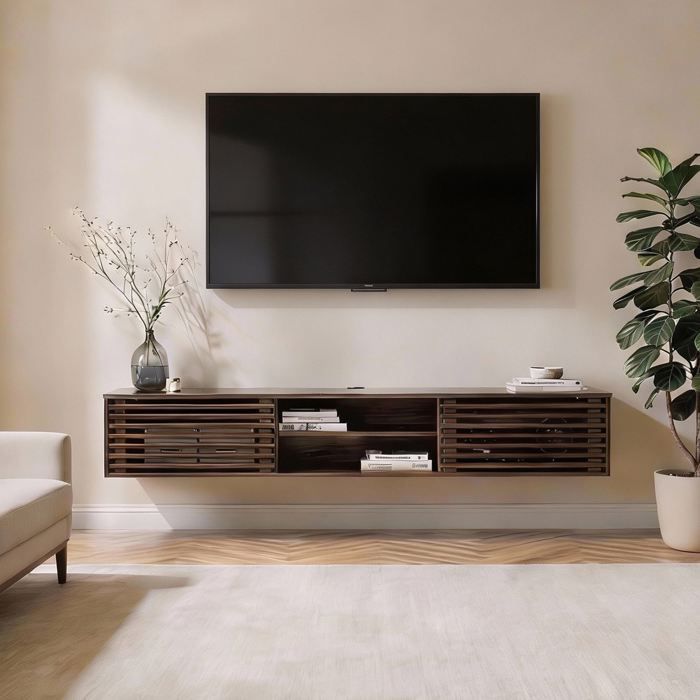 Meuble TV Suspendu RIAN 175 cm avec Portes Coulissantes et Étagère en Bois Massif Pour Télévision Jusquà 75 Coloris Noyer