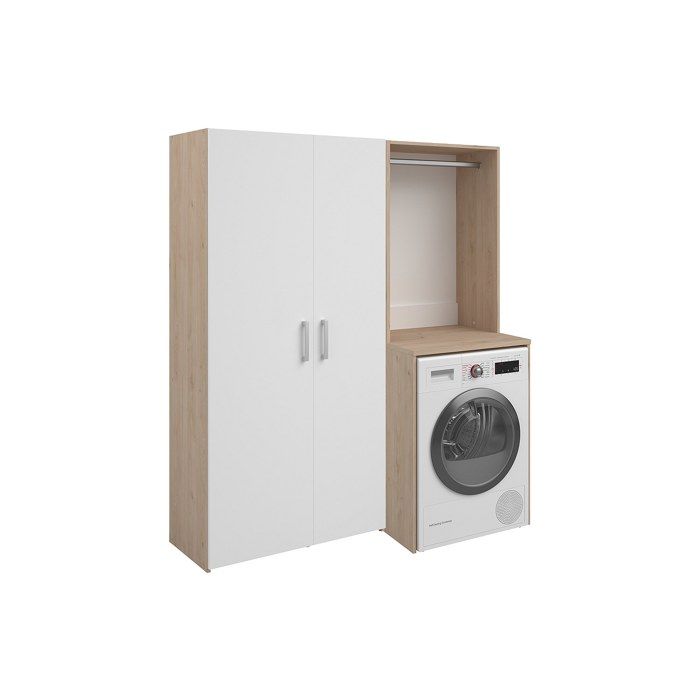 Meuble pour machine à laver avec penderie et colonne double porte – Naturel clair et blanc – L156 x H184 – ERKANO