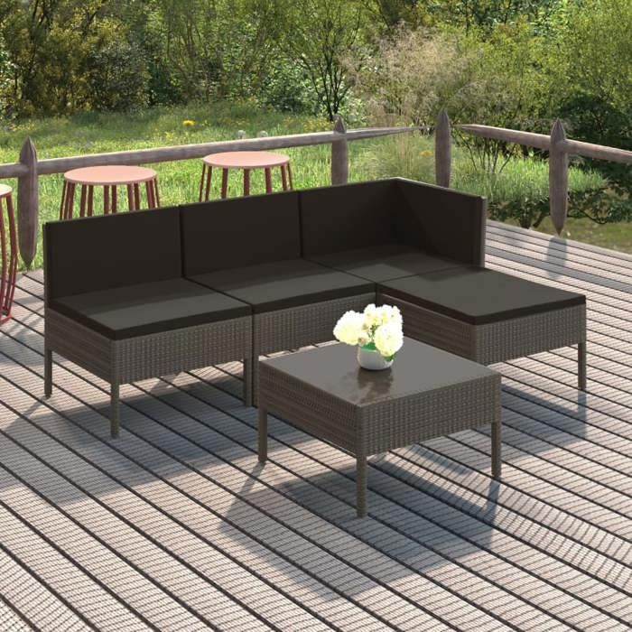 NEW 2026 Salon de jardin lot de 5 Meuble pour 4 personnes avec coussins résine tressée gris 60x60x35 cm S1215