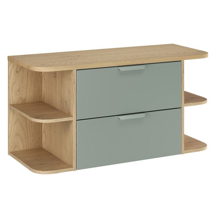 Meuble sous vasque suspendu ASTER vert 100 cm avec deux extensions d’angle ouvertes et plan en chêne