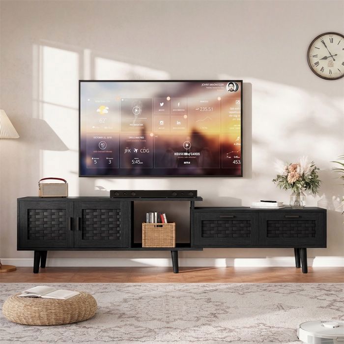 Meuble TV Extensible 146-180cm avec rangement - Buffet Télévision avec Portes Façon Rotin - Meuble TV avec 2 tiroirs - Noir