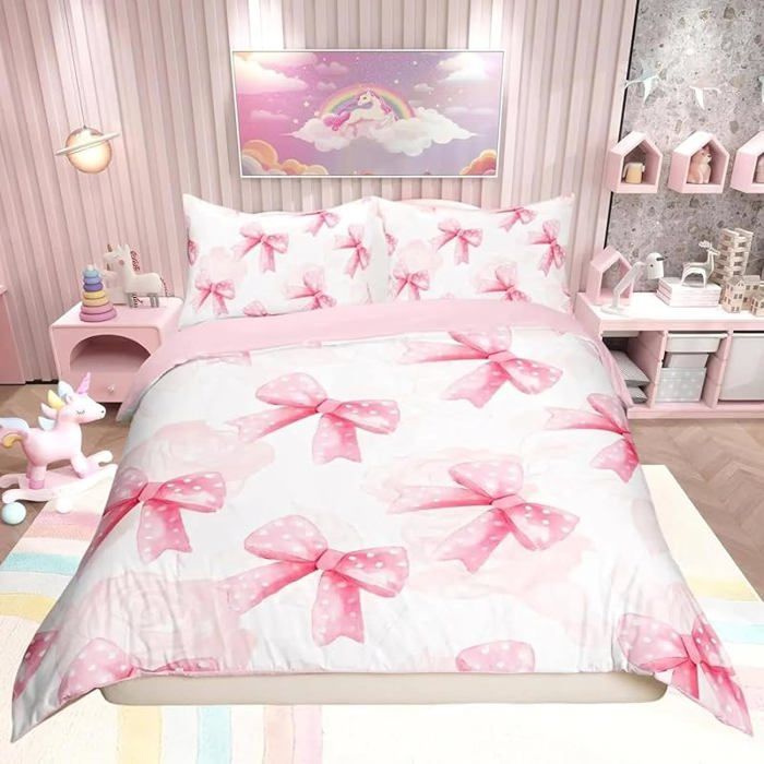 Housse de couette arc rose 200x200cm bowknot kawaii 2 taies style princesse rêveux pour fille ou femme (Rose) PARURE DE COUETTE