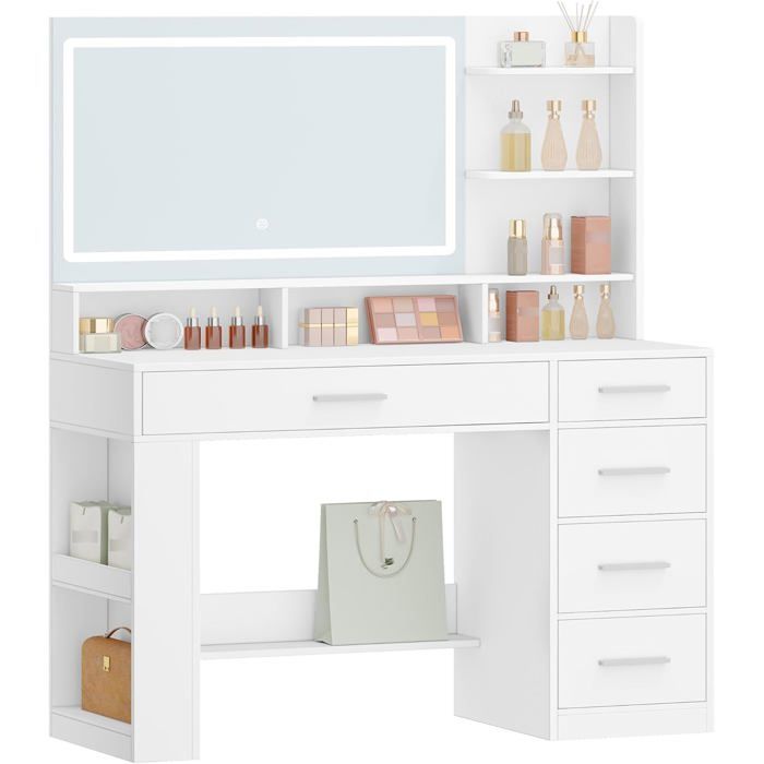 Coiffeuse avec HD MiroirCoiffeuse avec éclairage LED 6 Compartiments Ouverts 5 Tiroirs et Rangements Latéraux. Moderne Blanc