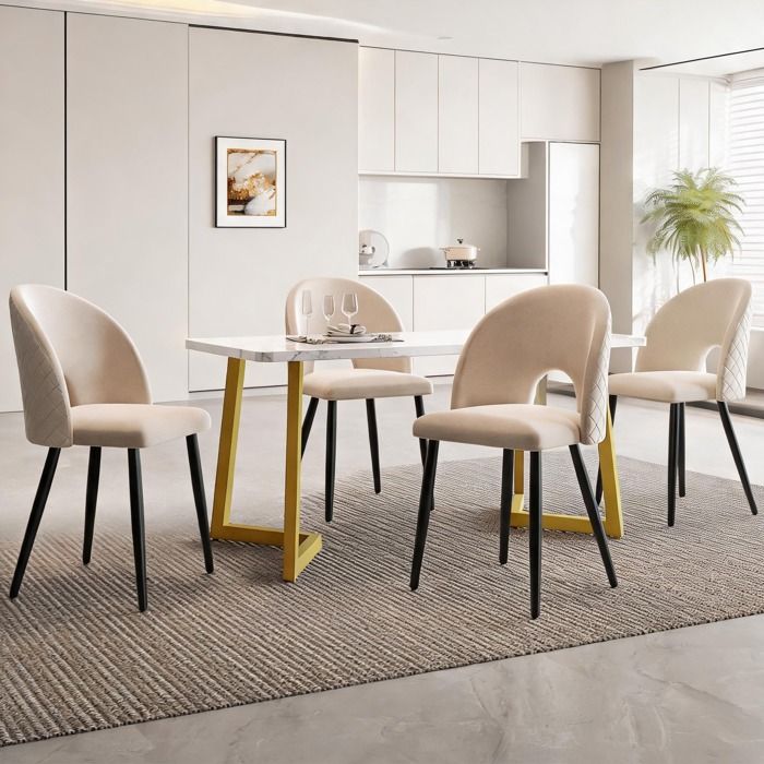 Ensemble table et 4 chaises pour salle à manger linen beige velours design contemporain 117×68 cm