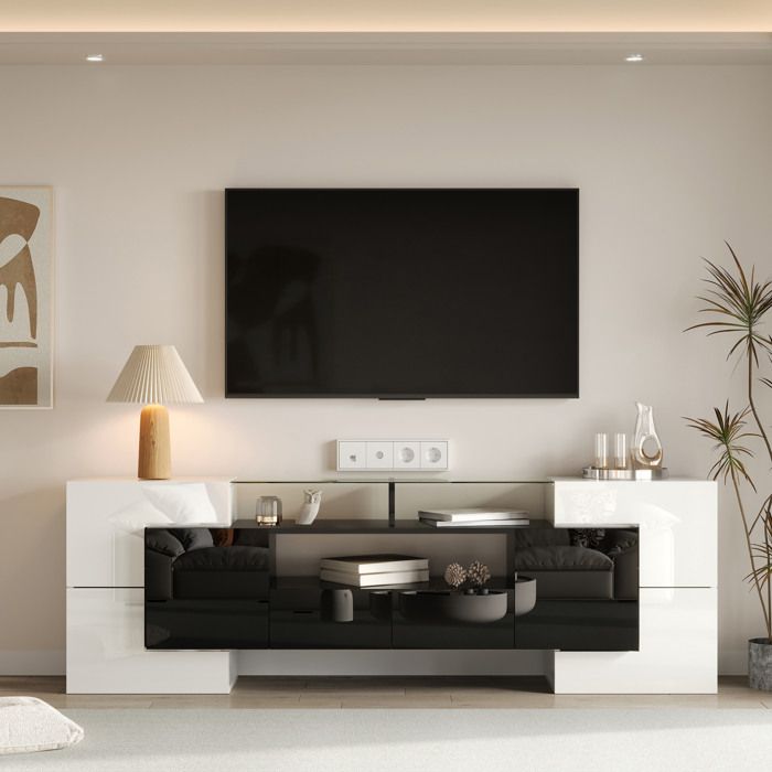 Meuble TV 200 cm EVRYAE blanc et noir brillant avec LED multicolore 6 portes 2 tiroirs 3 niches salon