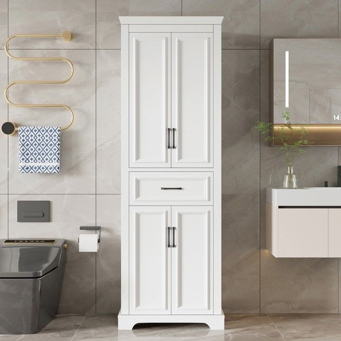 Armoire de salle de bain haute 60x40x180 cm blanche double porte tiroirs étagères réglables fermeture douce