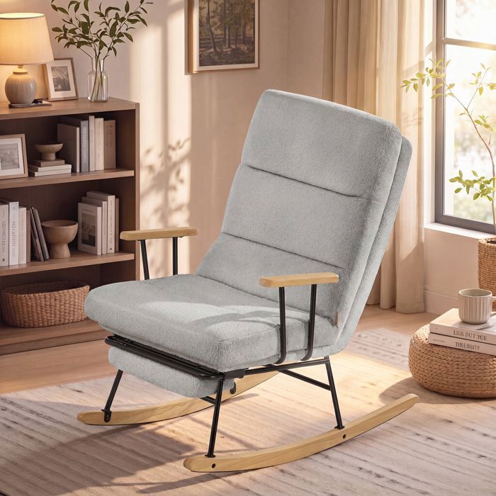 Fauteuil à Bascule Dossier Inclinable 4 Positions pour Salon Chambre Bois Gris Fauteuil à Bascule Dossier Inclinable 4 Positions pour Salon Chambre Bois Gris
