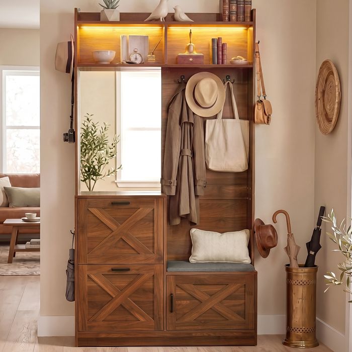 Armoire Compacte avec éclairage LED Armoire de Couloir Moderne Meuble dEntrée avec Miroir Banc Armoire à Chaussures Crochets