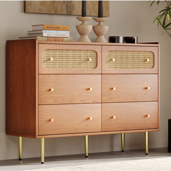 COVREO Commode 6 tiroirs 120 x 40 x 90 cm décor rotin aspect noyer pieds métal