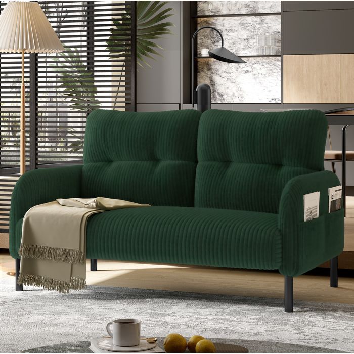 Canapé fixe 2 places en velours côtelé vert émeraude 120 x 75 x 79 cm avec poche latérale et pieds métal