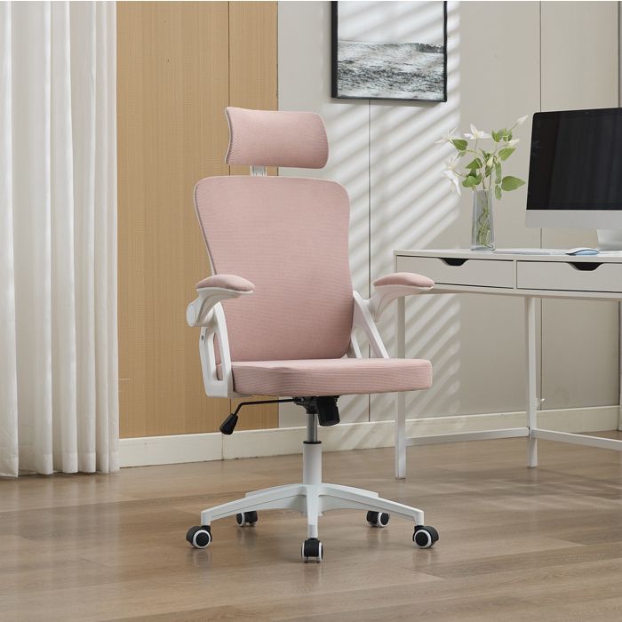JOINERY Chaise Bureau Ergonomique Têtière Soutien Lombaire Réglable Hauteur Réglable Accoudoirs Relevables Rose Blanc