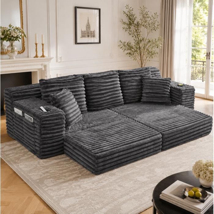 MEUBLIV Canapé compressé convertible modulable 273 x 98 x 87 cm en velours côtelé gris foncé