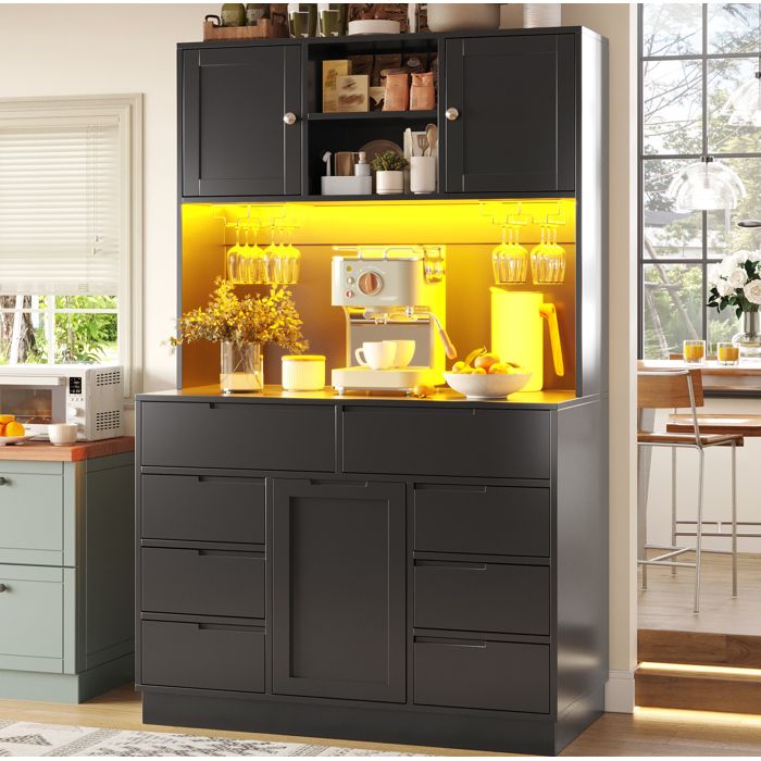 Colonne de cuisine 3 portes 8 tiroirs étagères réglables et LED USB - ELVMI - MDF et métal noir 120×40×1835 cm