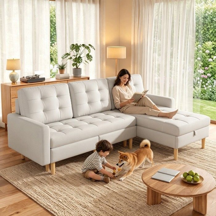 Canapé dangle - MINIMAL - 3 places convertible - Tissu beige - Double rangement - 212x130x86 cm Canapé dangle - MINIMAL - 3 places convertible - Tissu beige - Double rangement - 212x130x86 cm