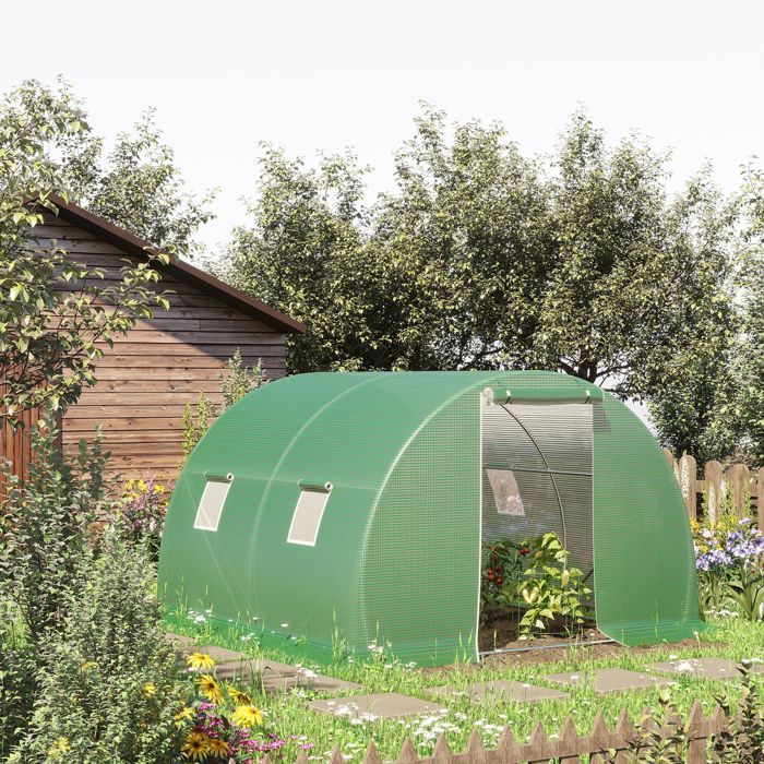 Serre tunnel de jardin 3 x 3 x 2 m verte couverture en PE porte zippée et 4 fenêtres