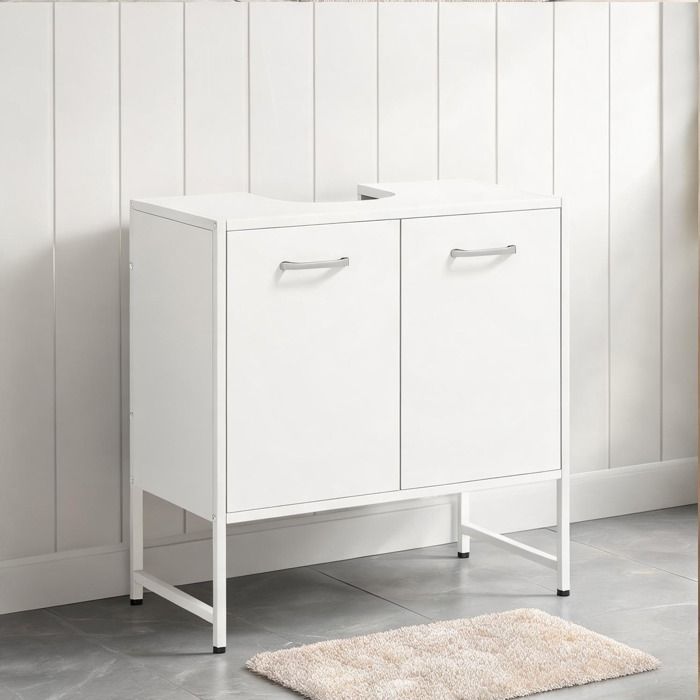 Meuble sous vasque 60x33x60 5 cm style épuré avec 2 portes fermeture douce et étagère ajustable panneau de particules blanc