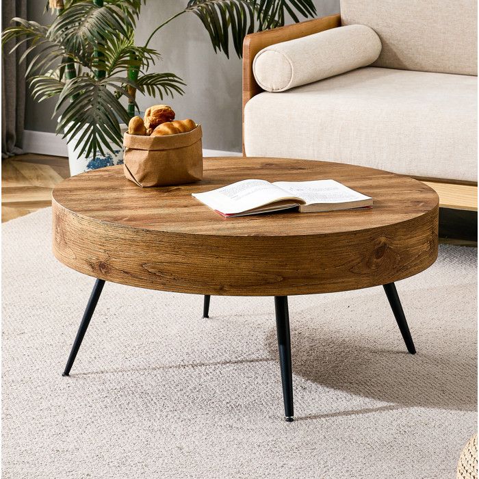 Table basse ronde 70 cm effet bois en MDF avec pieds métalliques noirs style scandinave pour salon
