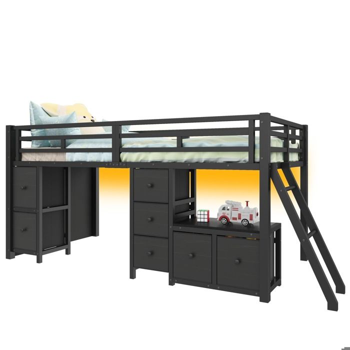 Lit mi-hauteur enfant 90 x 200 cm noir en MDF et métal avec 7 tiroirs étagère ouverte LED et barrières de sécurité