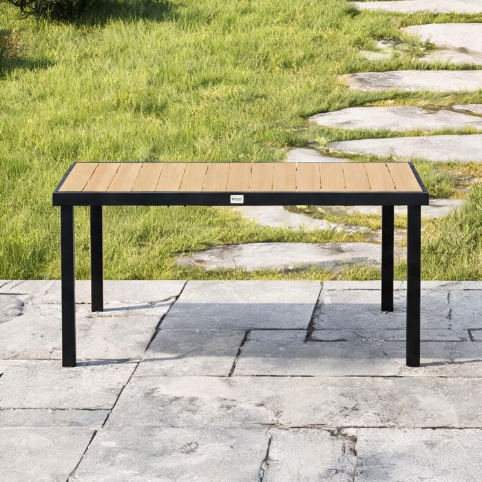 Table de jardin rectangulaire 8 personnes en aluminium avec plateau imitation bois naturel – 190 x 90 cm