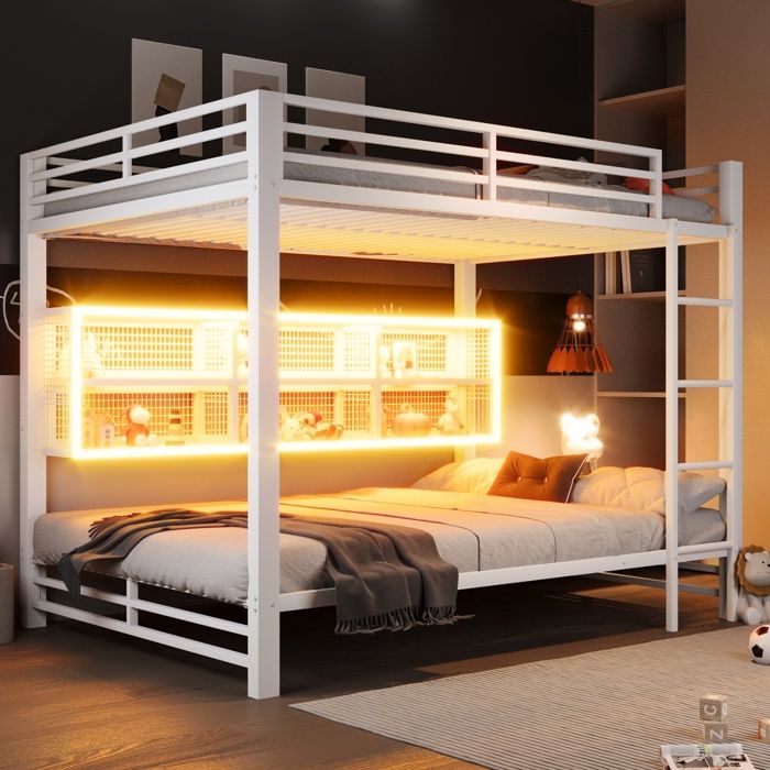 Luscriate - Lit superposé 140x200cm 2 places Lit métal avec 6 rangements LED enfant chambre - blanc