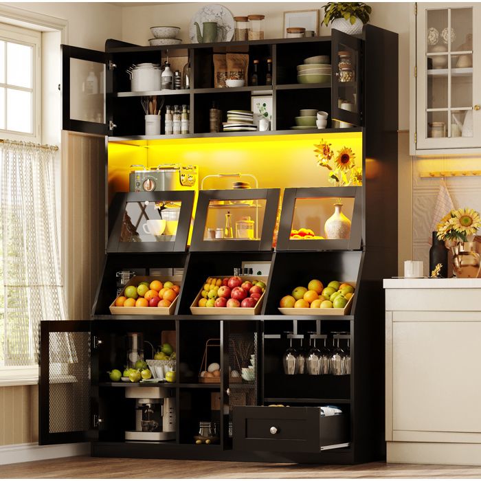 Buffet de cuisine noir 120 x 40 x 1817 cm LED multicolore USB portes vitrées rangement XXL MDF métal