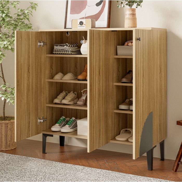 Meuble à chaussures bois 90 x 32 x 94 cm 3 portes rangement multi-niveaux pieds noirs style moderne