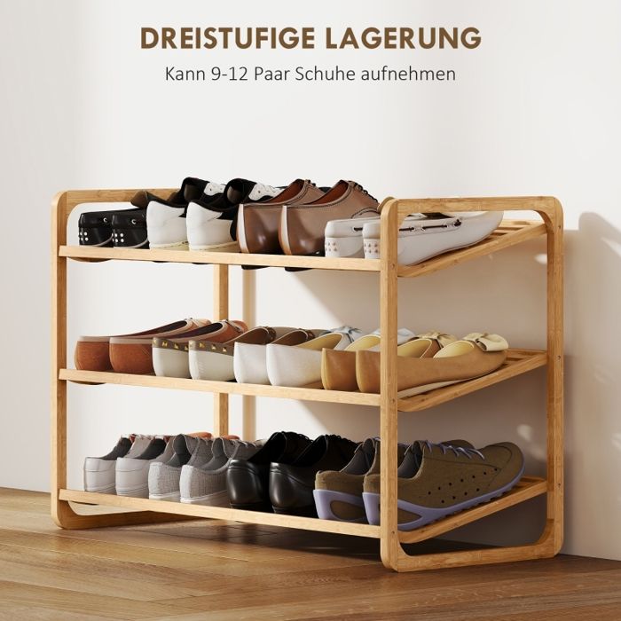 Meuble à chaussures - ZEVKOR - 76×33×50 8 cm - Bambou naturel - 3 étagères - 12 paires