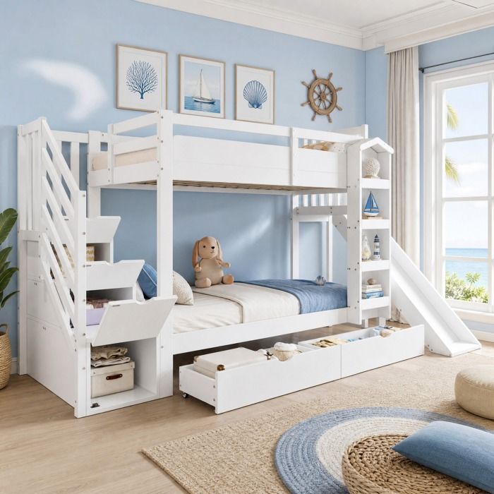 ELVORIN Lit superposé enfant blanc 90 x 200 cm avec toboggan et rangements
