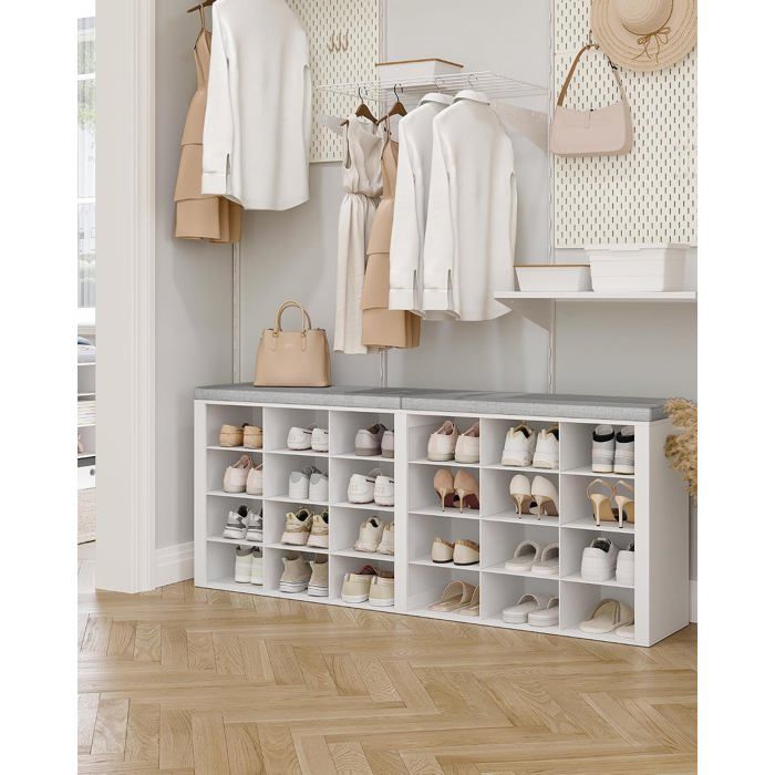 Banc à chaussures 24 compartiments assise rembourrée 4 cm housse lin lavable 24 paires charge 150 kg blanc gris 30x150x60 cm
