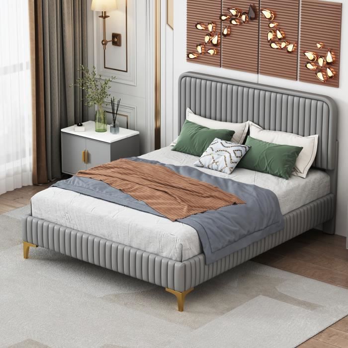 lit capitonné contemporain 140 x 200 cm avec tête de lit rembourrée réglable, sommier à lattes et pieds en métal - aapaas - gris