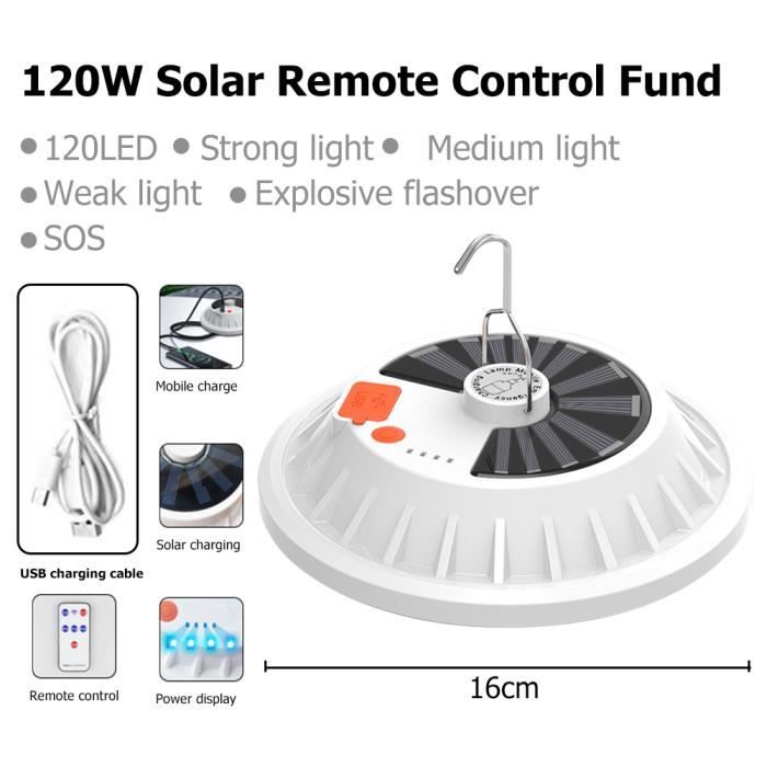Lampe Solaire Camping LED Avec Power Bank Et Télécommande - 6 Modes