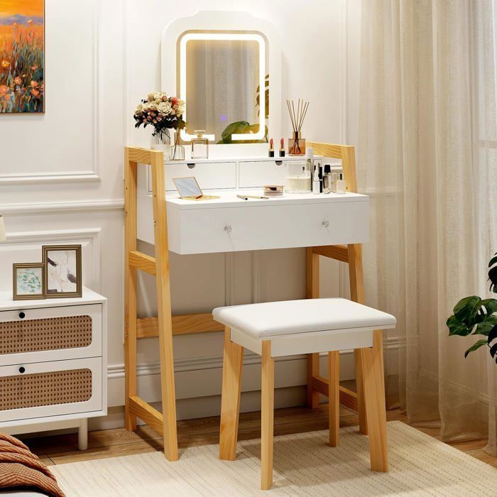 Ensemble Coiffeuse et Tabouret COSTWAY Table de Maquillage avec Miroir LED et 3 Tiroirs Cadre en Bois Cadeau pour Femmes Filles