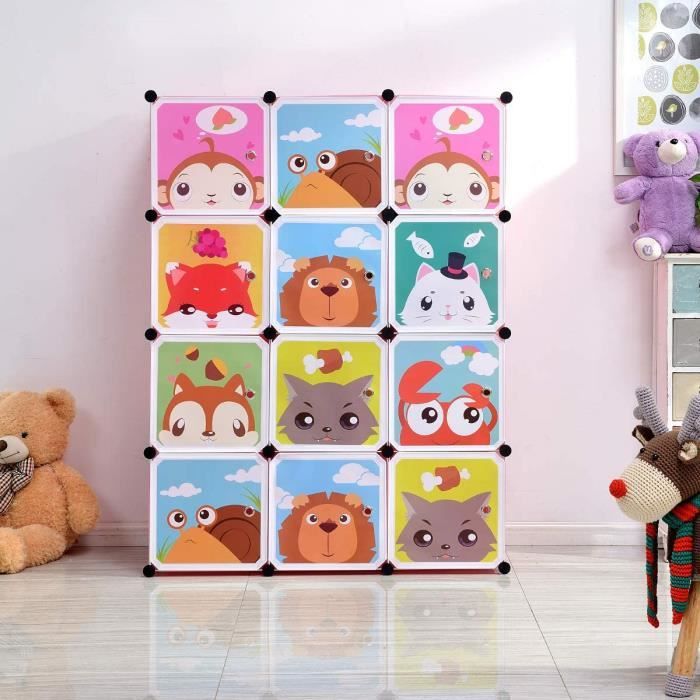 armoire de chambre enfant 12-cube avec motifs d'animaux - rose - penderie modulable meuble étagère de rangement