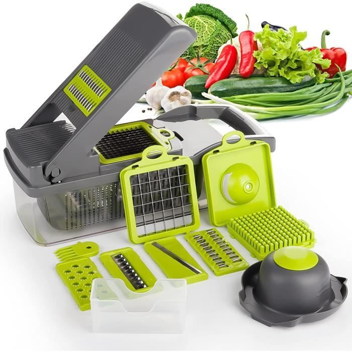 Trancheuse à Légumes Avec 5 Niveaux De Coupe Ajustables – Éminceur Oignon, Râpe, Récipient Inclus, Pour Cuisine Rapide