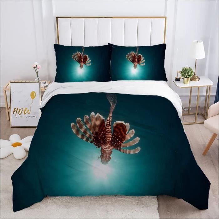 Housse de Couette Poisson-Lion, Parure de Lit 2 Personnes Imprimée