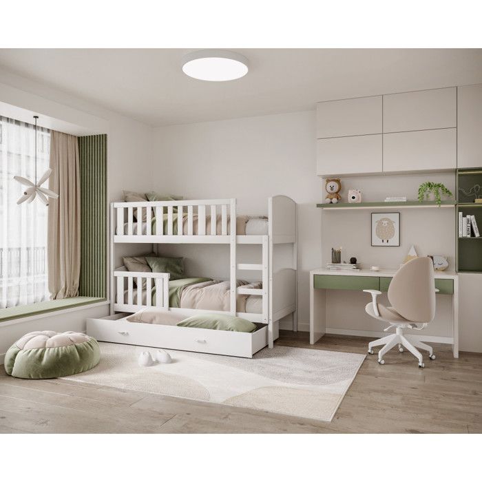 Lit superposé Tedy 90X190 cm - 2 Matelas 2 Sommiers et Tiroir inclus Blanc