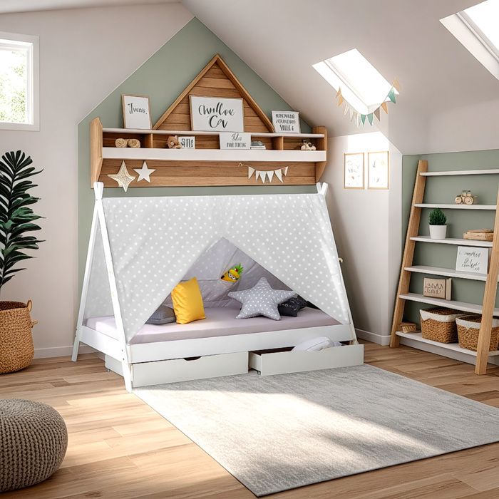 Lit DEnfant Tipi avec Matelas 90x200 Lit Maison Blanc Gris avec Sommier à Lattes Tiroir