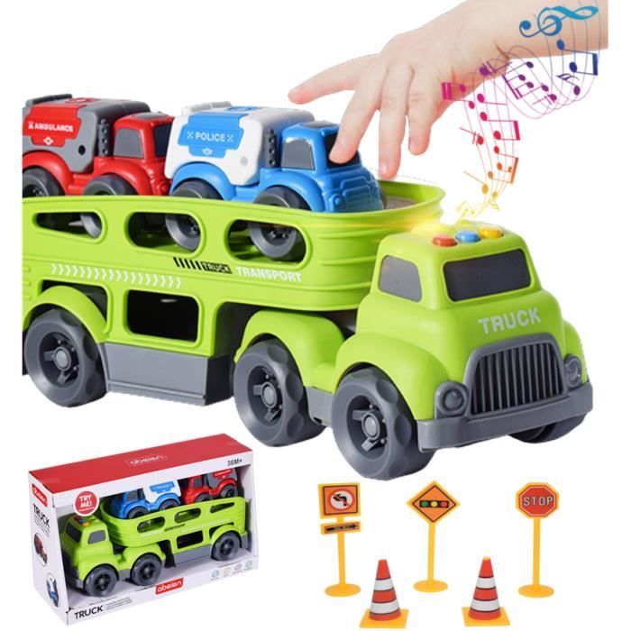 Camion de transport de jouets pour enfants avec 2 Mini Petites Voitures et  5 panneau de signalisation , Cadeau pour Enfant Âgés de