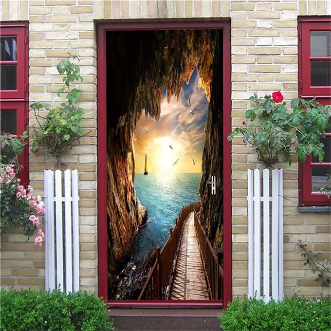 Sticker Porte Bord De Mer - Autocollant Décoratif Plage Méditerranée 80x210 Cm - Amovible, PVC - Pour Chambre, Salon - 2