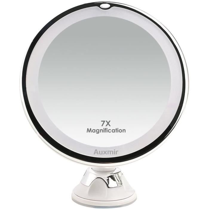 Auxmir Miroir Grossissant 7X de Maquillage LED Ajustable à 360° Miroir a Poser sur Meuble Miroir Ventouse Lumineux Idéal pour Rasage et Maquillage dans Salle de Bain 