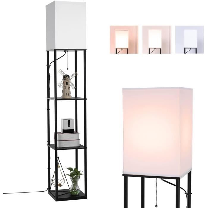 Lampadaire Sur Pied Avec étagère - 3 Températures De Couleur (3000K/4500K/6500K), Hauteur 158 Cm, Abat-jour Lin - Structure Acier Et étagères Bois - Pour Salon, Chambre, Bureau - Noir - 10