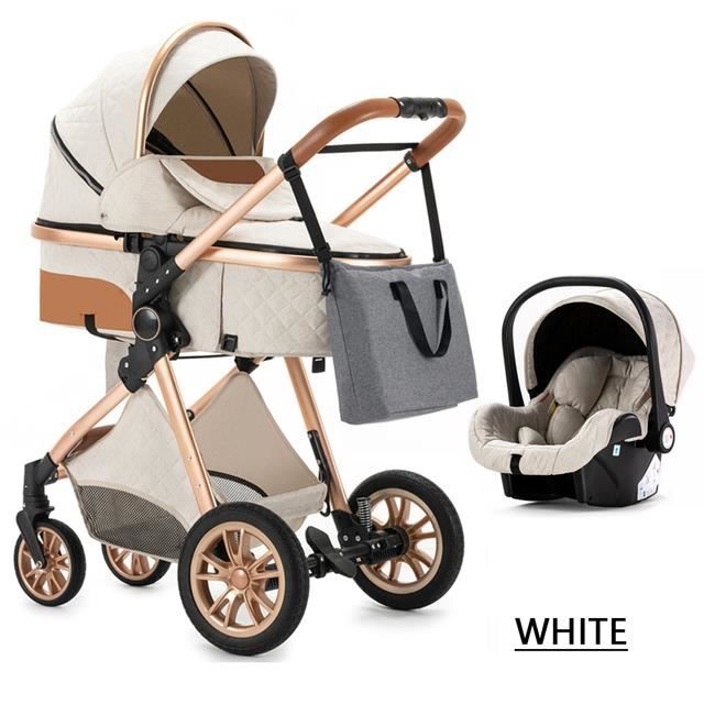 BAZARLAND30 Poussette 3 en 1 Bébé Combinée Siège-Auto Nacelle Trio Réversible Haute Qualité Roues increvables Canne.blanc cassé