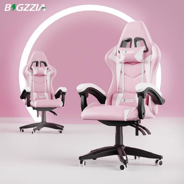 BIGZZIA Fauteuil de Bureau - Chaise Gaming - Siège de Bureau Réglable Gaming Racing - avec coussin et dossier inclinable Rose